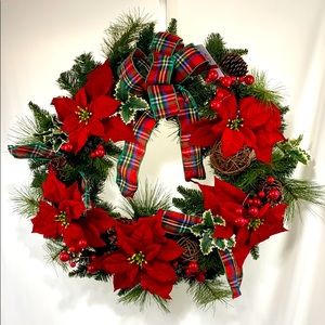 30” Red Poinsettia Plaid Ribbon Christmas Wreath